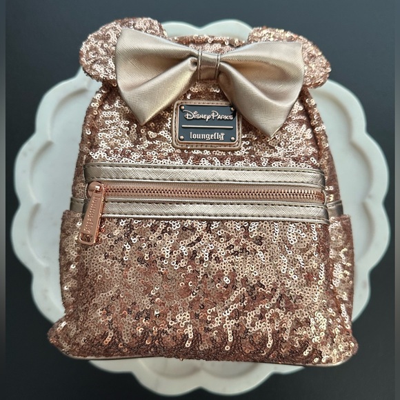 Loungefly Rose Gold Mini Sequined Backpack, Wallet & Disney...